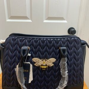 NWT  Vegan Elegant Navy Quilted Handbag with Pearl Bee Accent